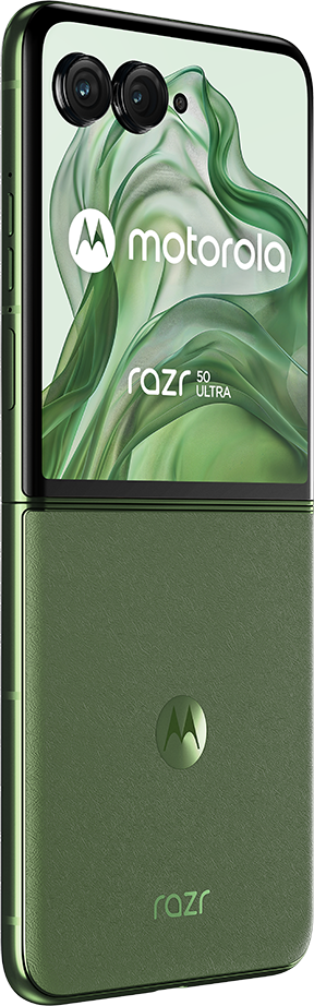 Zöld Motorola Razr 50 Ultra telefon, részben összehajtva, két kamerával.