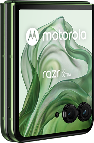 Motorola Razr 50 Ultra telefon, összehajtva, zöld színben, dupla kamerával, fehér háttéren.