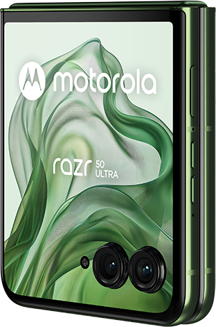 Zöld Motorola Razr 50 Ultra telefon, elölnézet, a képernyőt mutatja.