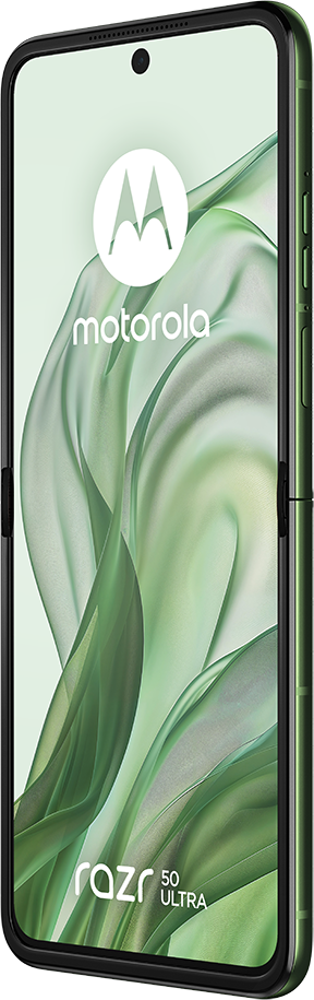 Zöld Motorola Razr 50 Ultra telefon összecsukva, zöld háttérrel. A Motorola logója látható.