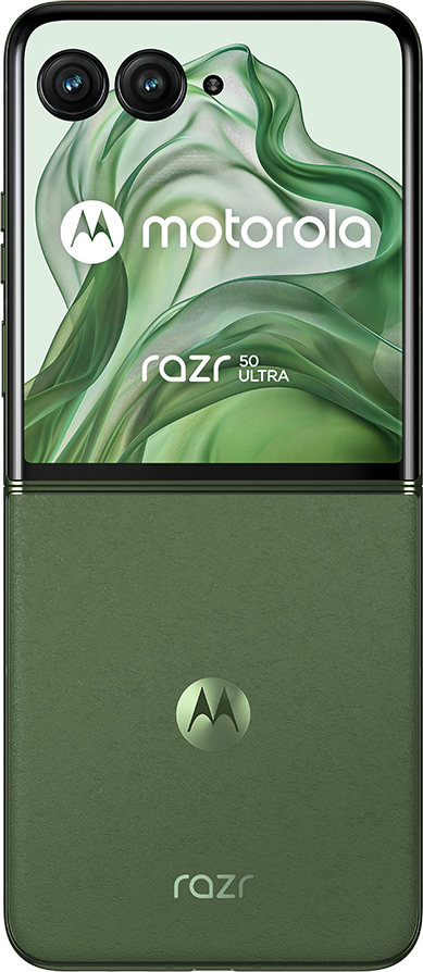 Egy összehajtott zöld Motorola Razr 50 Ultra telefon, nyitva, a logóval a képernyőn.