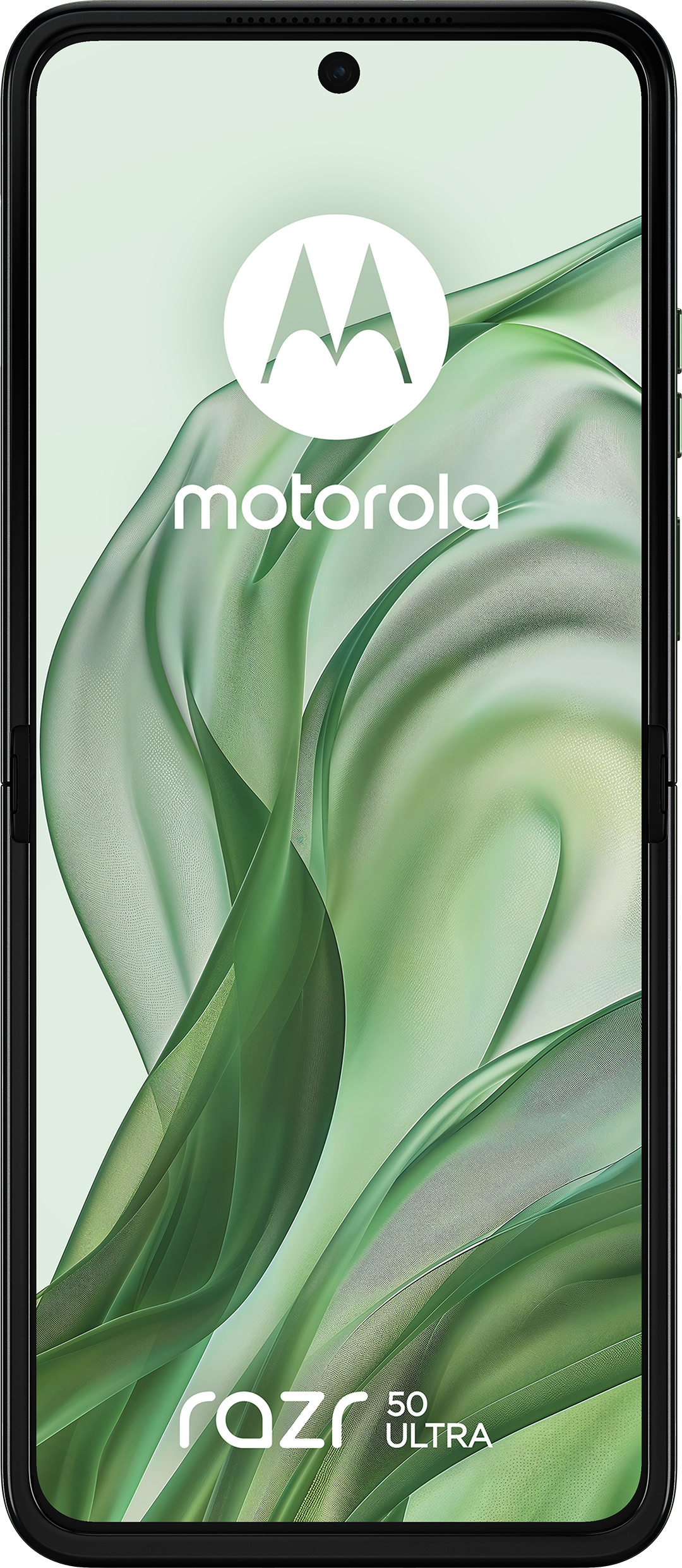 Motorola Razr 50 Ultra okostelefon, elölnézet, zöld háttérrel és fekete kerettel.