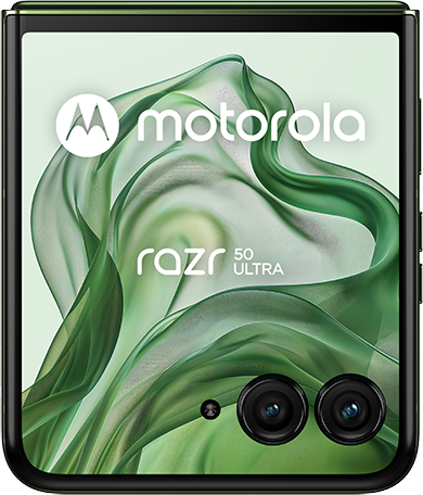 Fekete-zöld Motorola Razr 50 Ultra összecsukható telefon, fehér háttér.