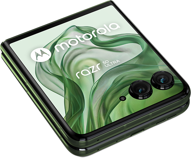 Egy összecsukott Motorola Razr 50 Ultra zöld színben.