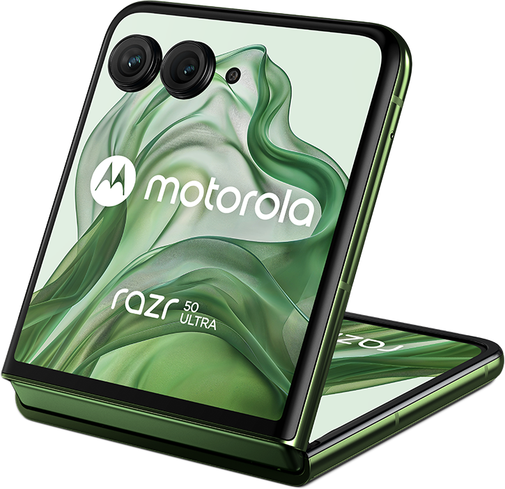 Zöld Motorola Razr 50 Ultra telefon, kinyitva. Kettős kamera felül, Motorola logó és zöld absztrakt háttér.