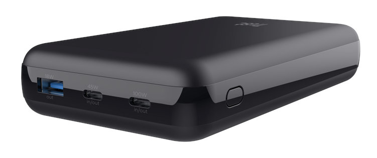 Czarny przenośny power bank z wieloma portami ładowania.