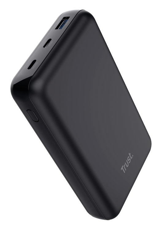 Czarny power bank z zaokrąglonymi krawędziami, portami USB i logo Trust.