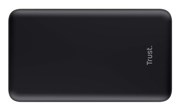 Czarny prostokątny power bank z napisem 'Trust'.