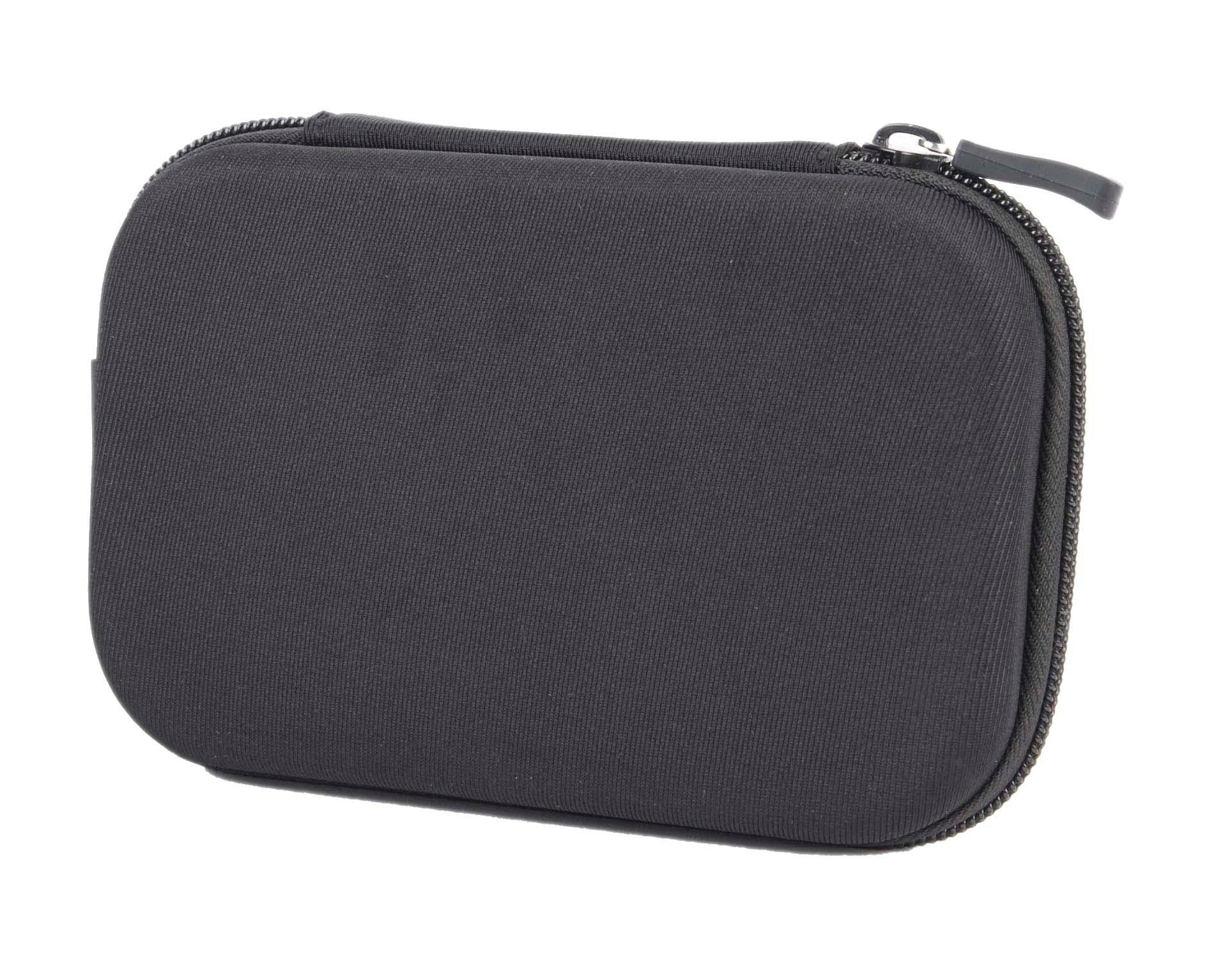 Eine schwarze, mit Reißverschluss versehene Tragetasche auf weißem Hintergrund. Die Tasche ist oval geformt.