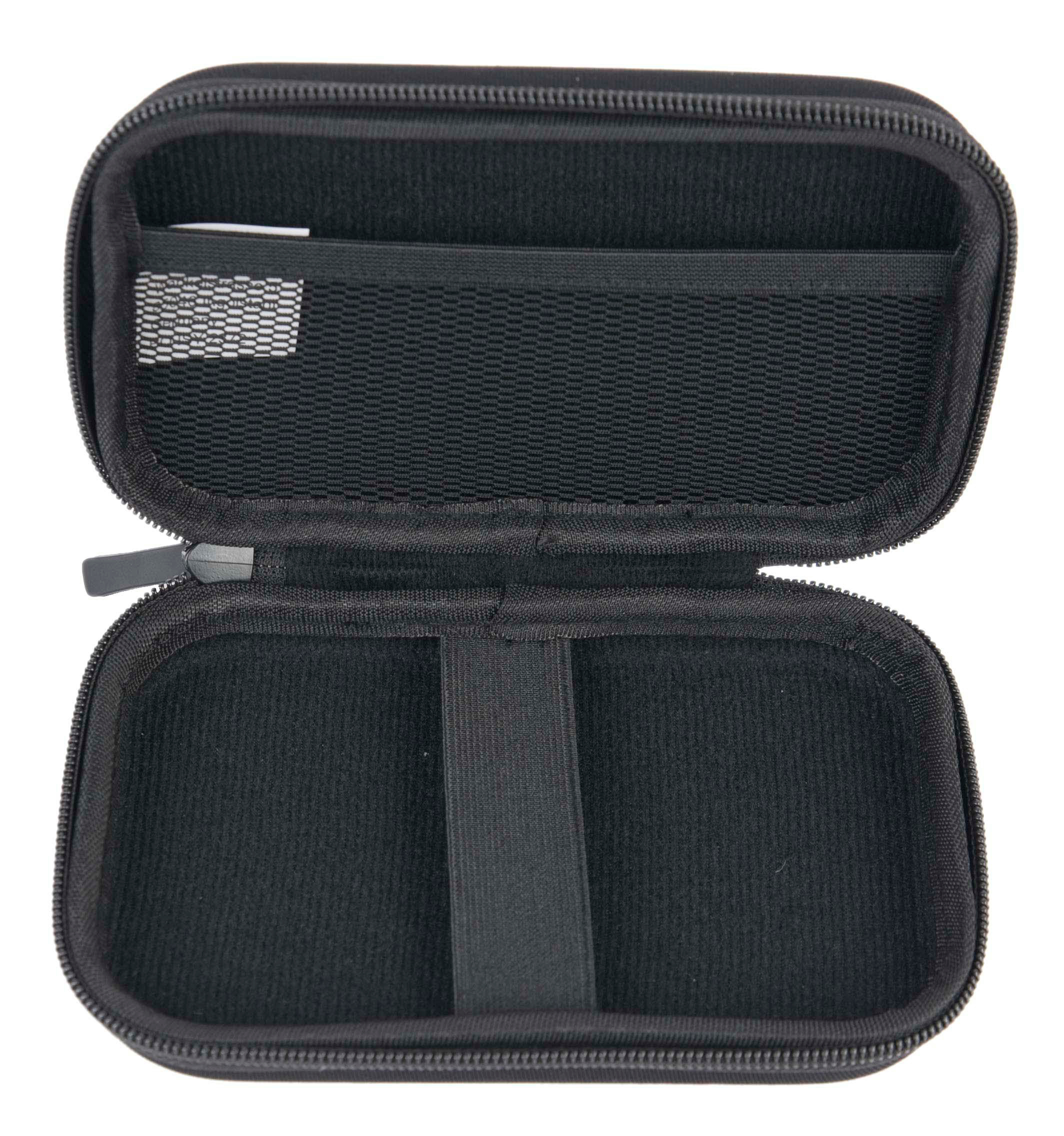Offene schwarze Tragetasche mit Netztasche und Gummiband.