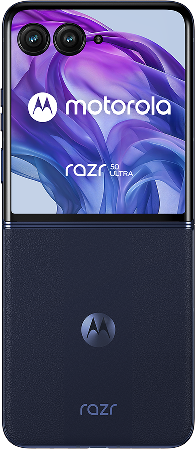 Összecsukható kék telefon kamerával. Szöveg: Motorola razr 50 ultra.