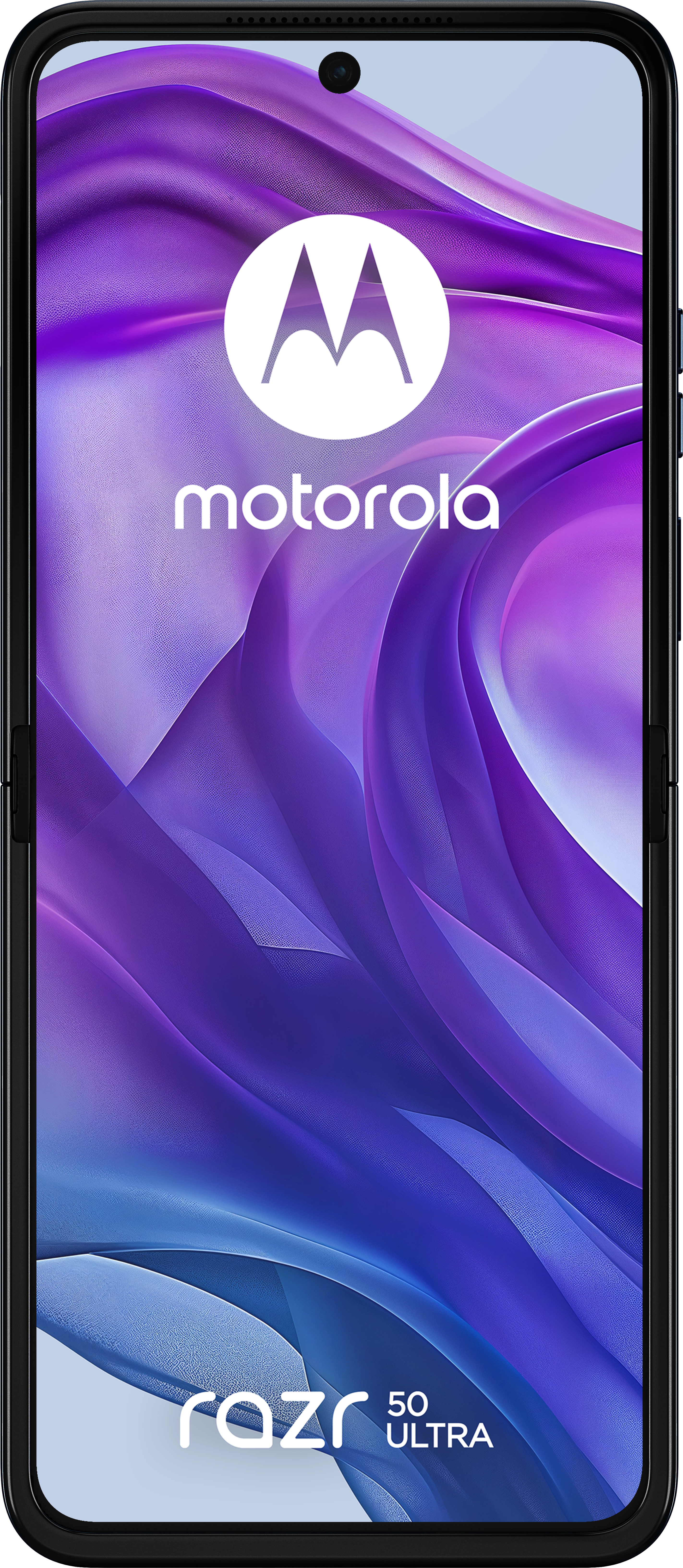 Motorola Razr 50 Ultra telefon, zárt, fekete keret, fehér háttér.