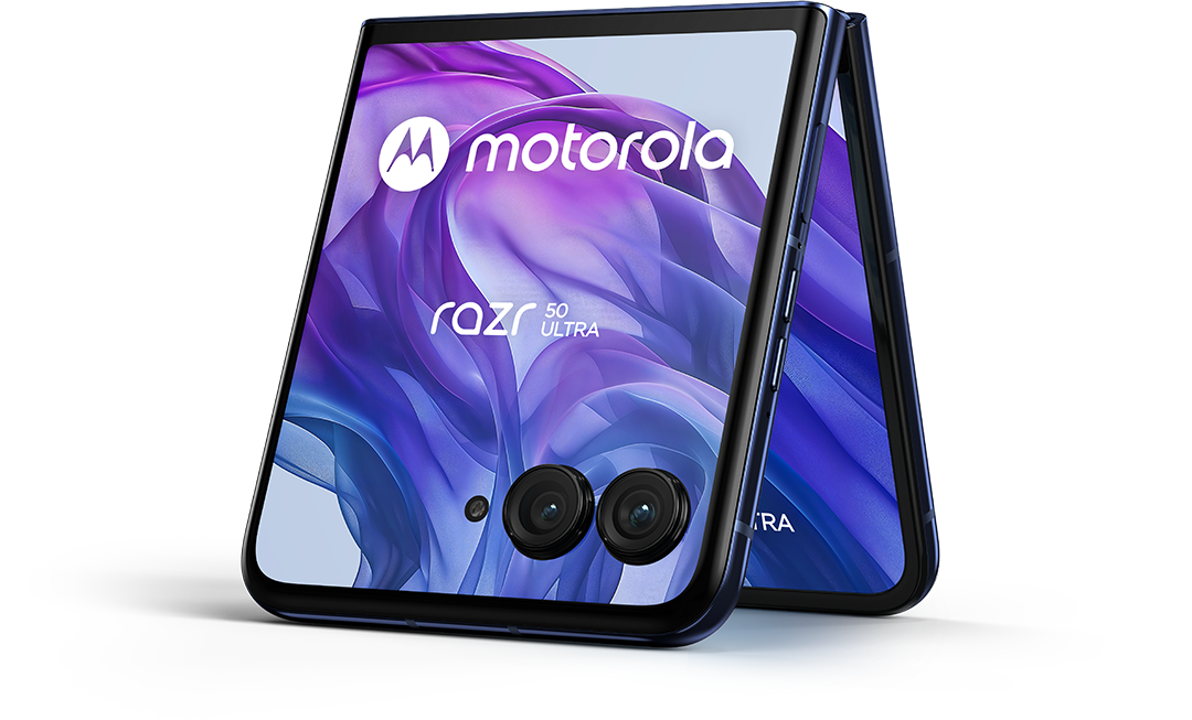 Motorola Razr 50 Ultra telefon, részben nyitva, két látható kamerával.
