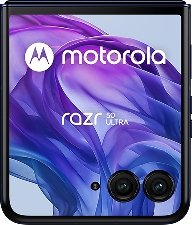 Motorola Razr 50 Ultra, egy összecsukható telefon dupla lencsés kamerával, nyitva.