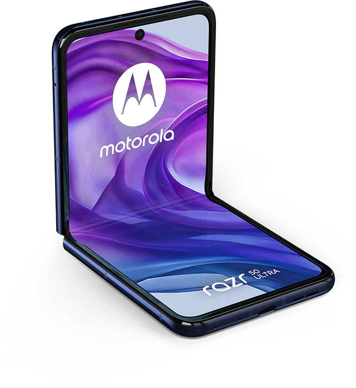 Hajlítható telefon, nyitva, Motorola logóval, lila-kék dizájnnal.