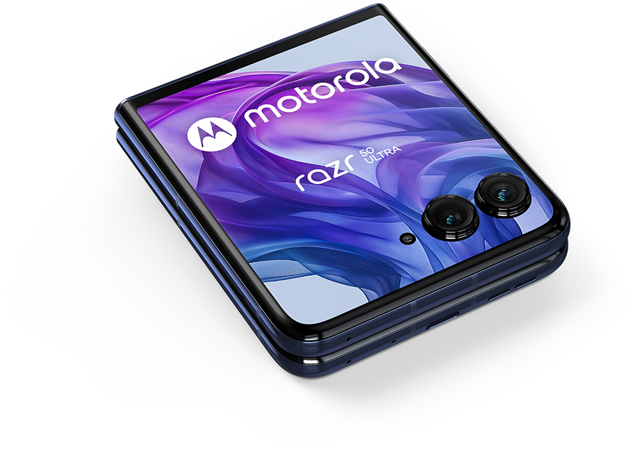 Kék Motorola Razr 50 Ultra telefon, félig nyitott, kék és fehér képernyővel.