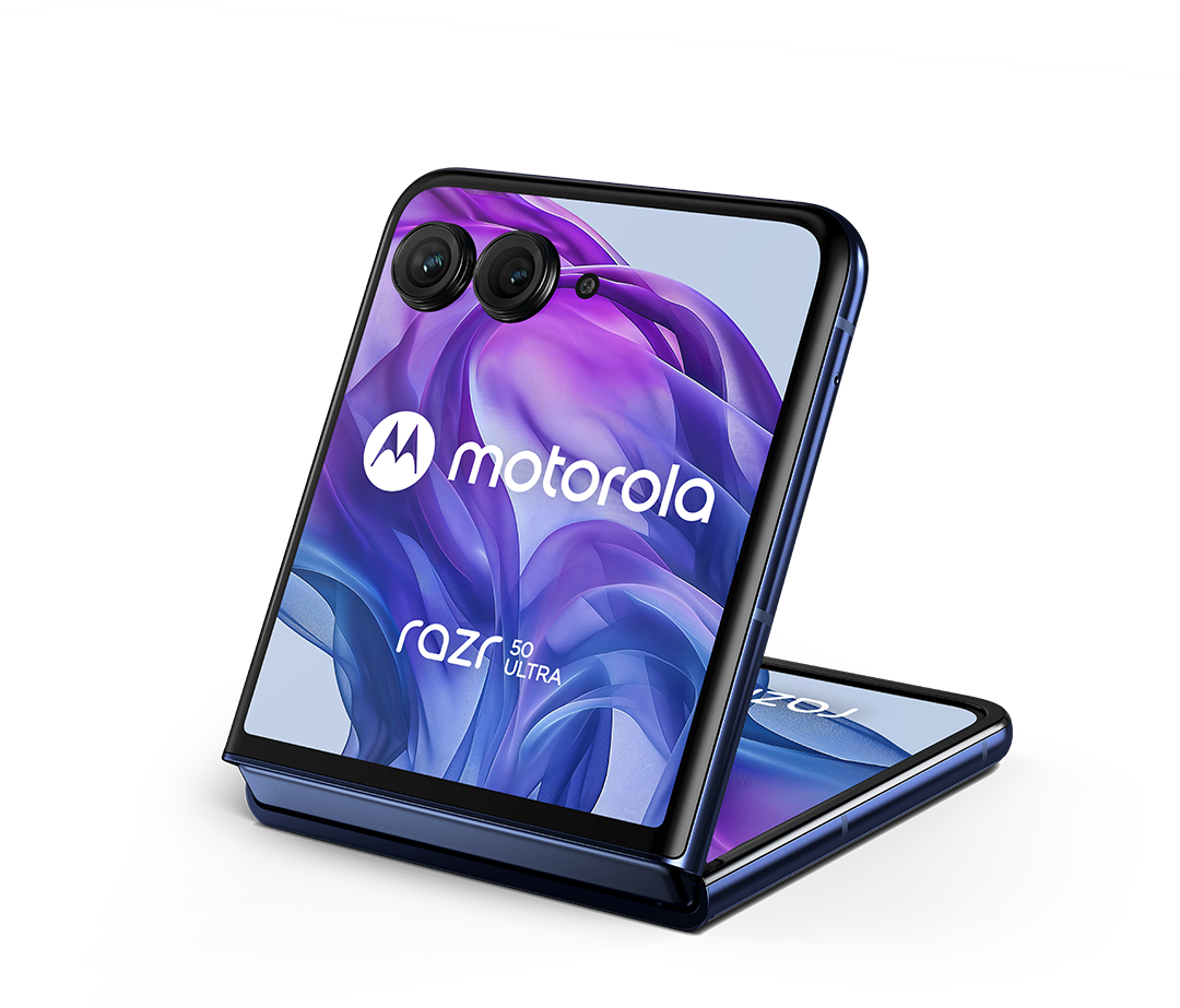 Kék Motorola Razr 50 Ultra, nyitva. Kettős kamera felül. A képernyő lila színátmenetet jelenít meg.