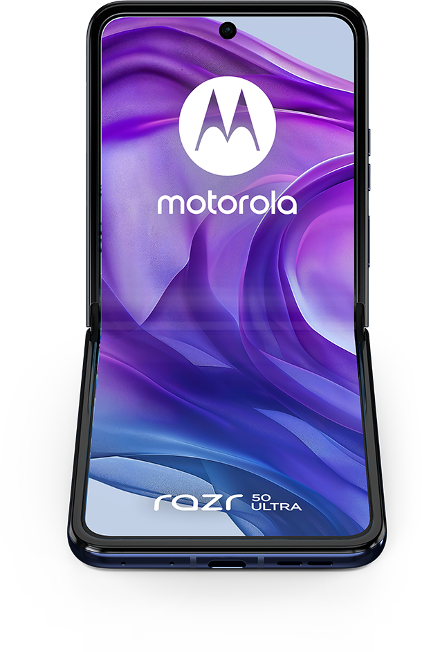 Motorola Razr 50 Ultra telefon, részben nyitva, a képernyőt mutatja. Fekete keret, kék szín, fekete háttér.