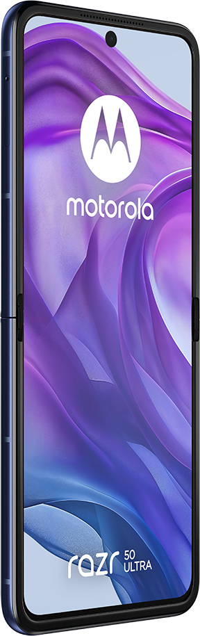 Egy Motorola Razr 50 Ultra telefon, összecsukva. Kék színű, a tetején a Motorola logóval.