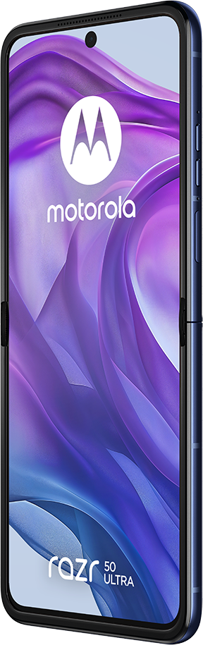 Egy kék összecsukható telefon. A telefon nyitva van, a képernyőt mutatja. A márkanév az elején van.