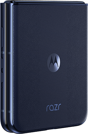 Hajlított sötétkék okostelefon, a Motorola Razr logóval a hátoldalon.
