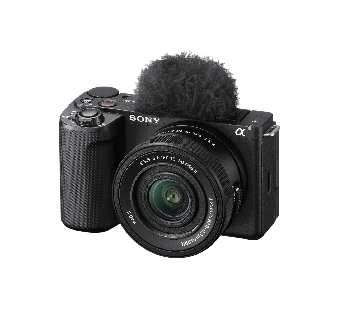 Schwarze Sony Kamera mit Mikrofon. Das Objektiv zeigt nach vorne, vor weißem Hintergrund.