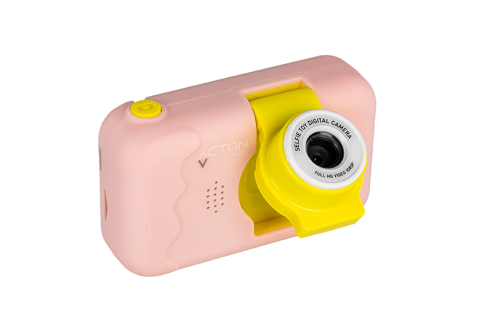 Pembe ve sarı bir oyuncak kamera. Bir lensi ve bir selfie kamera etiketi var.