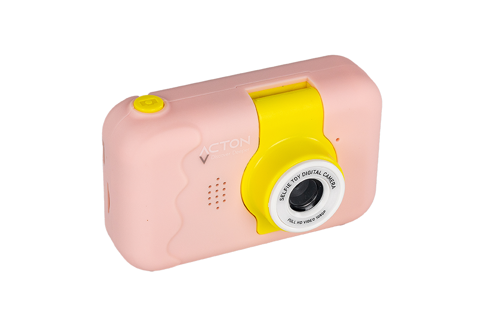 Pembe ve sarı oyuncak kamera, lens ve sarı düğme ile.