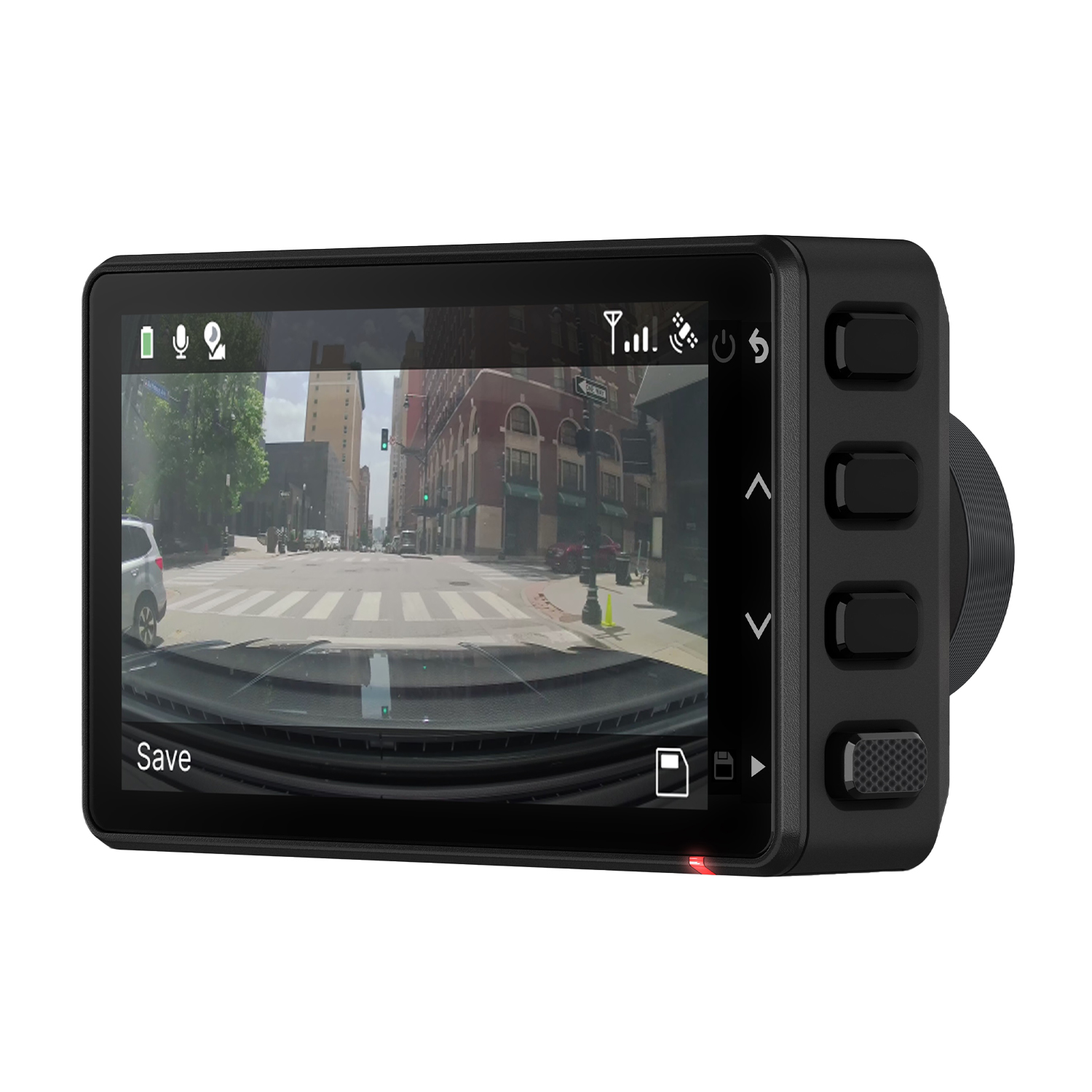 Dashcam che mostra la vista di una strada cittadina, con pulsanti laterali.
