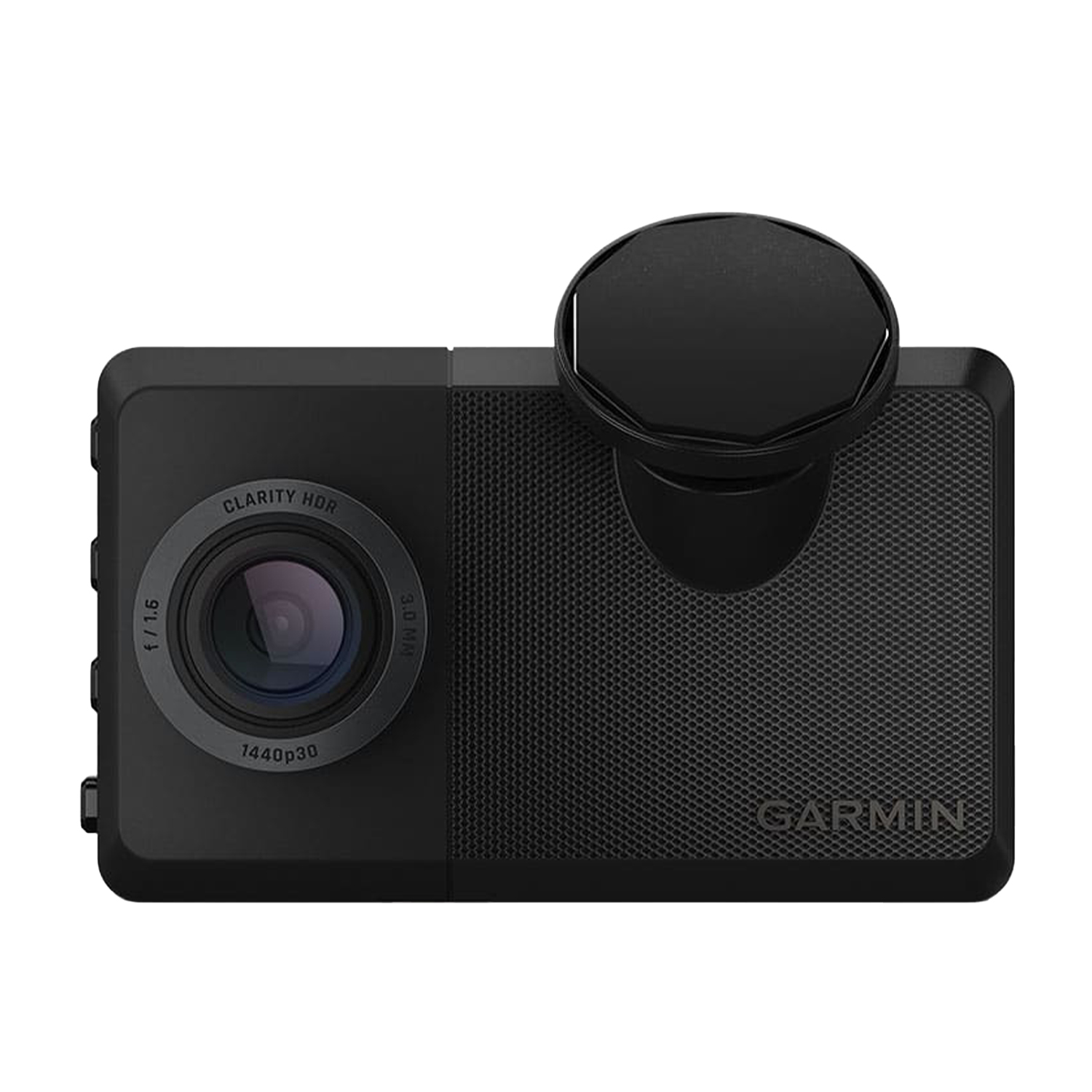 Dashcam Garmin nera, vista angolata, con obiettivo e schermo visibili.