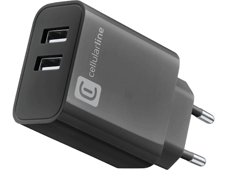 Cargador móvil - CellularLine ACHUSB2USBA24WK, 24 W, Super Fast Charging, Sin Cable, Negro