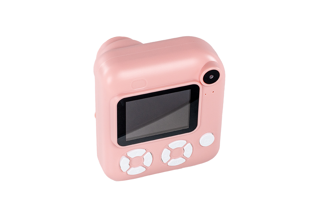 Siyah bir arka plan üzerinde pembe bir anında fotoğraf makinesi.