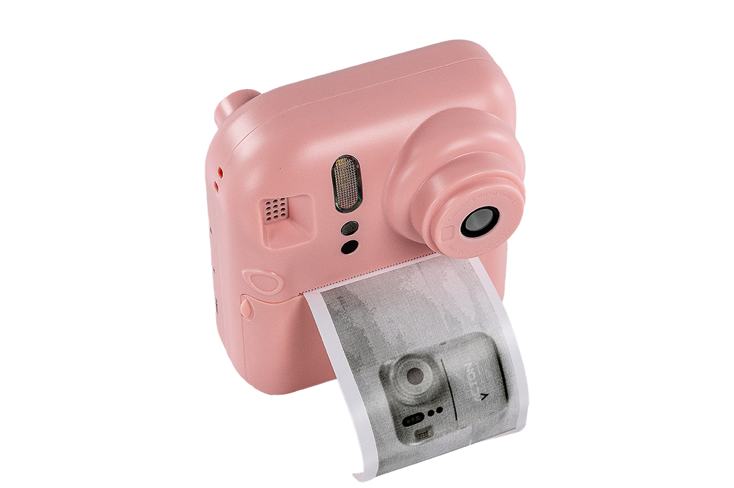 Pembe anlık fotoğraf makinesi fotoğraf basıyor. Siyah zemin.