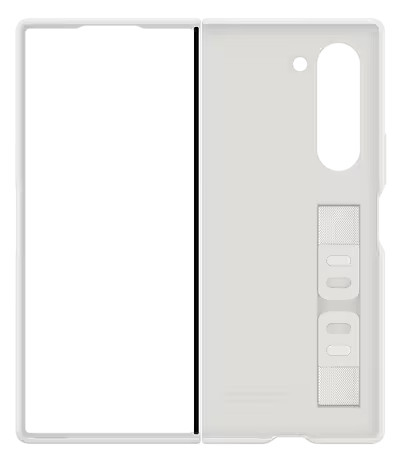 Białe etui na telefon, otwarte. Lewa strona pokazuje obszar ekranu, prawa strona ma szczeliny i otwór.