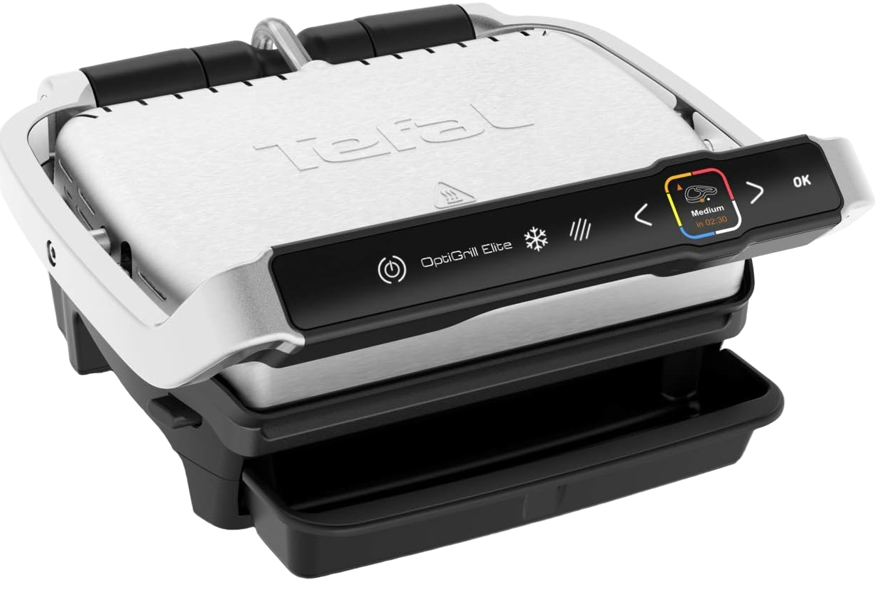 Ein weißer und silberner Tefal OptiGrill Elite, mit Bedienfeld und Kochfläche.