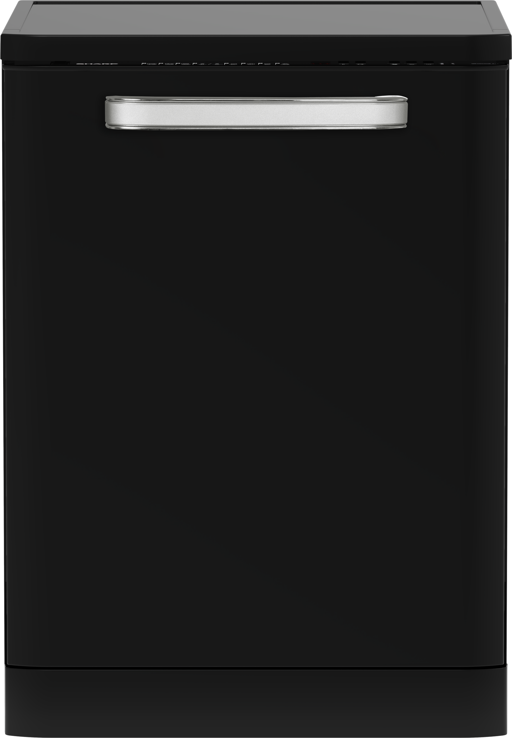 Schwarzer Geschirrspüler mit silbernem Griff. Einfache schwarze Front, klares Design, Frontansicht.