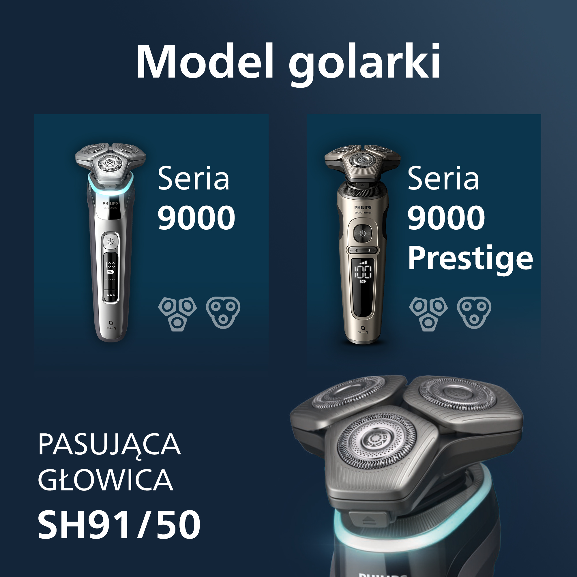 Dwie golarki Philips Series 9000 i głowica, wszystko srebrne.