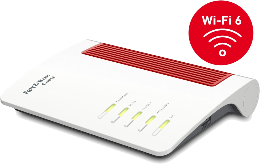 Routeur blanc et rouge avec étiquette 'Wi-Fi 6'. Affiche les voyants d'alimentation, WLAN et autres.