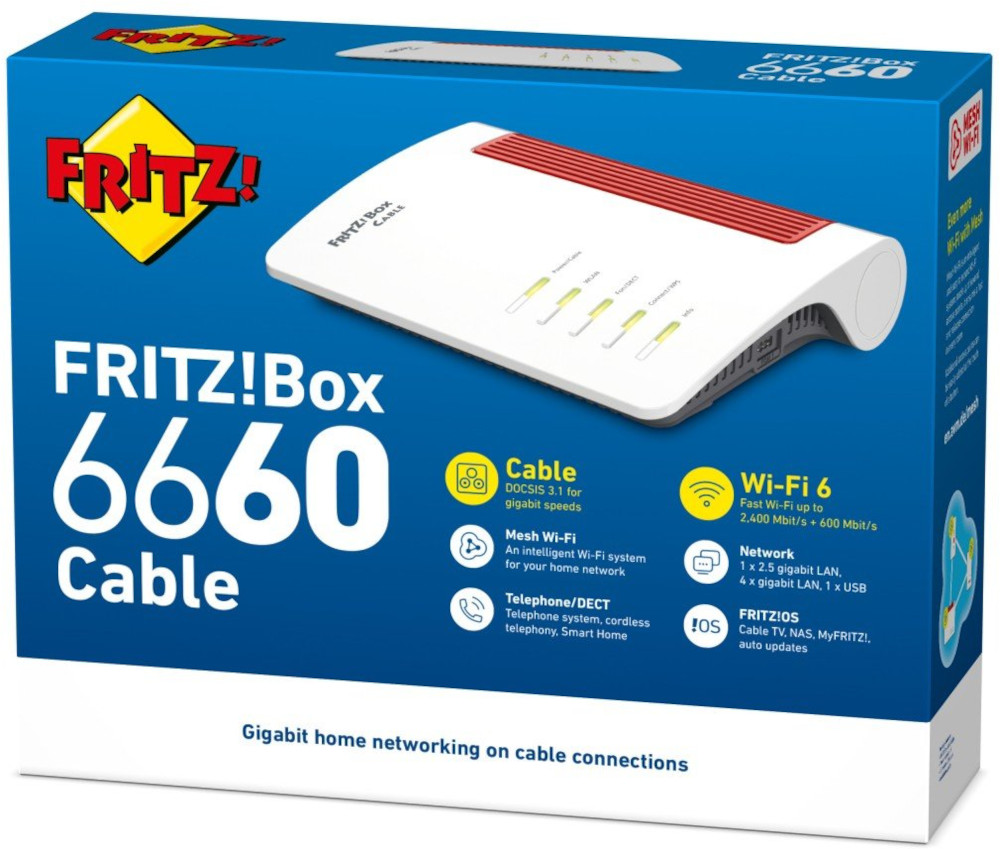 Boîte du routeur Fritz!Box 6660 Cable, avec texte et icônes de ses fonctionnalités.