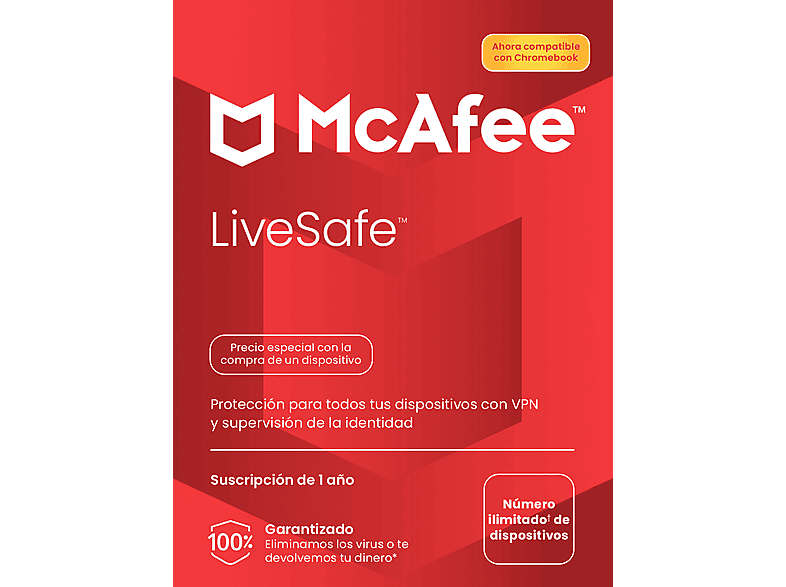 Antivirus - McAfee® LiveSafe, Suscripción de 1 año, Número ilimitado dispositivos (Windows®/Mac®/Android/iOS) (Formato Físico)
