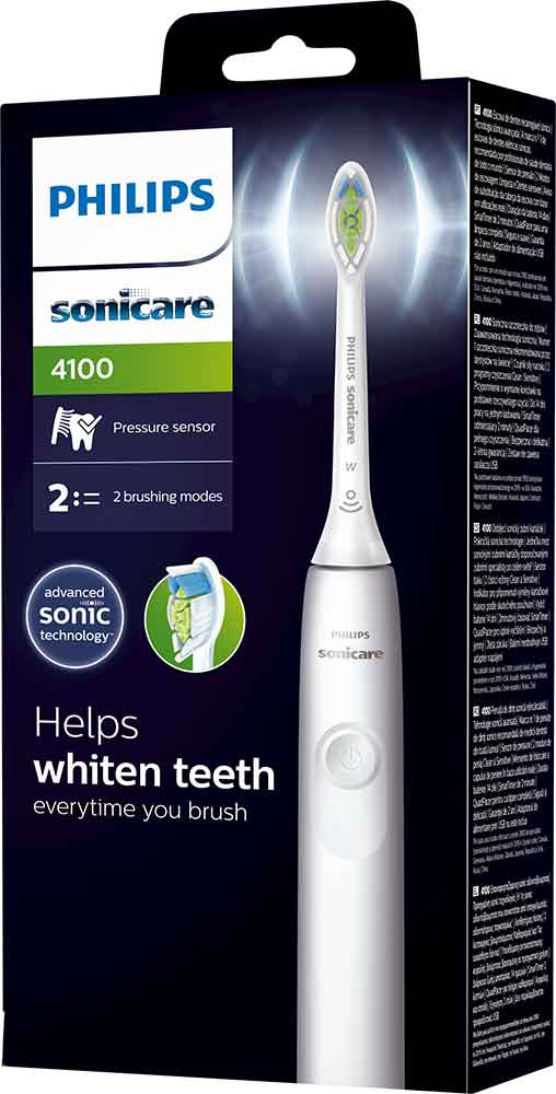 Philips Sonicare electric toothbrush in a box with text and a picture of the toothbrush.
