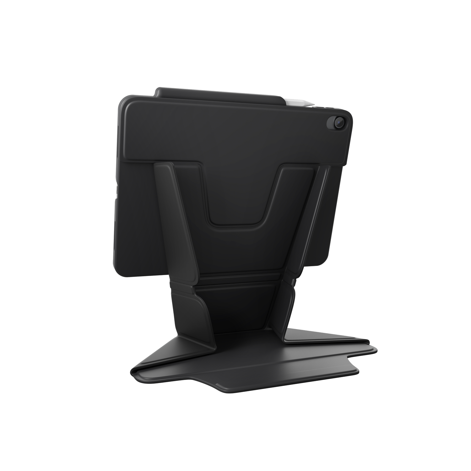 Black tablet in a stand. The stand is black as well. The tablet is angled towards the viewer.