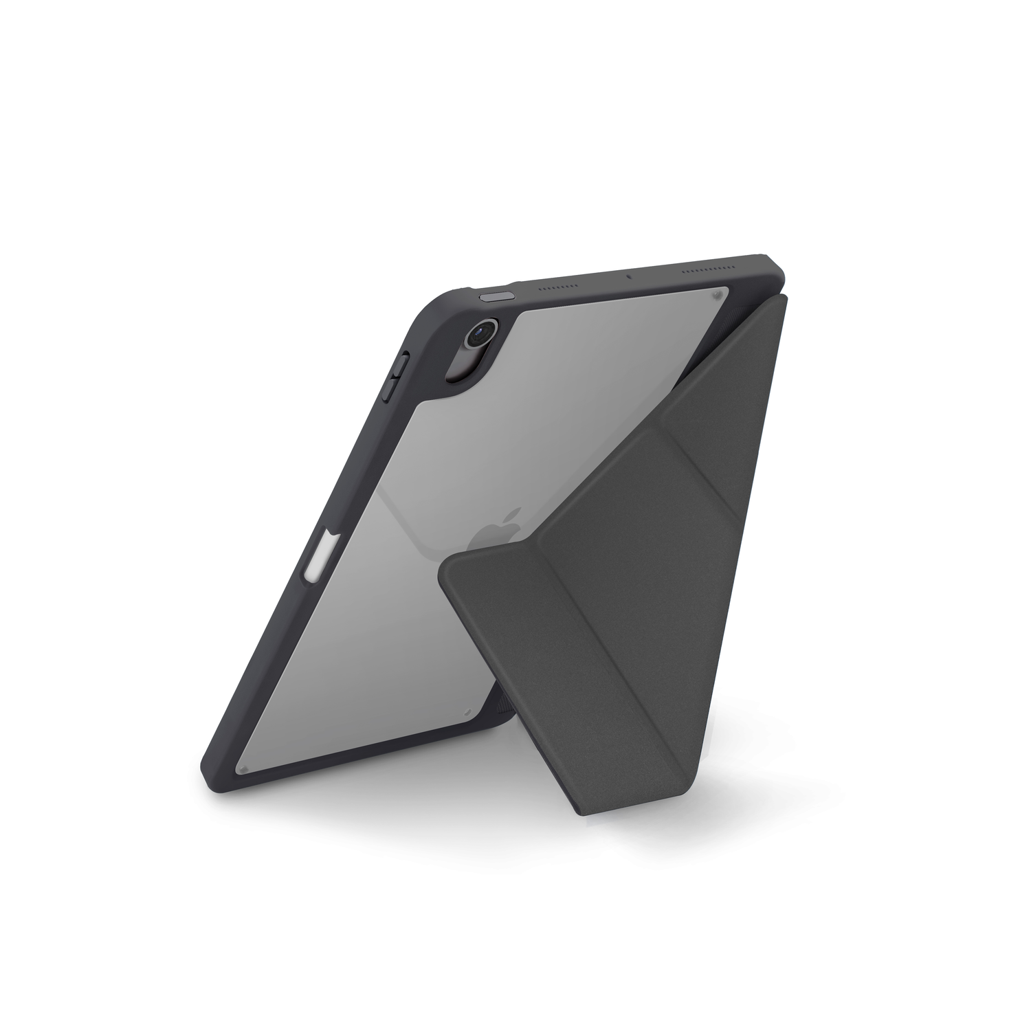 An iPad with a smart cover in a stand position, white background.