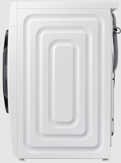 Biała pralka, widok z boku, teksturowany panel tylny.