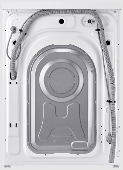 Tył białej pralki, z wężami i metalową płytą.