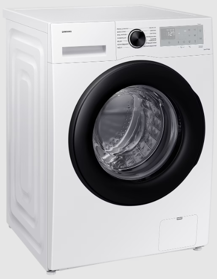 Biała pralka Samsung. Czarne drzwi i obramowanie. Panel sterowania u góry z przyciskami i wyświetlaczem.