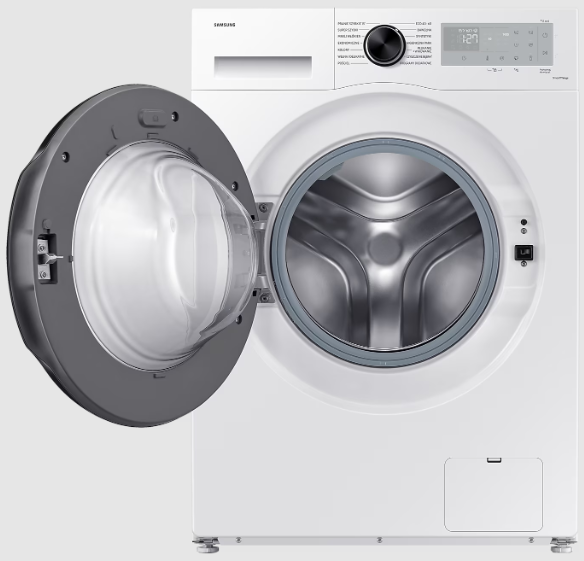 Biała pralka Samsung z otwartymi drzwiami, pokazująca wnętrze.