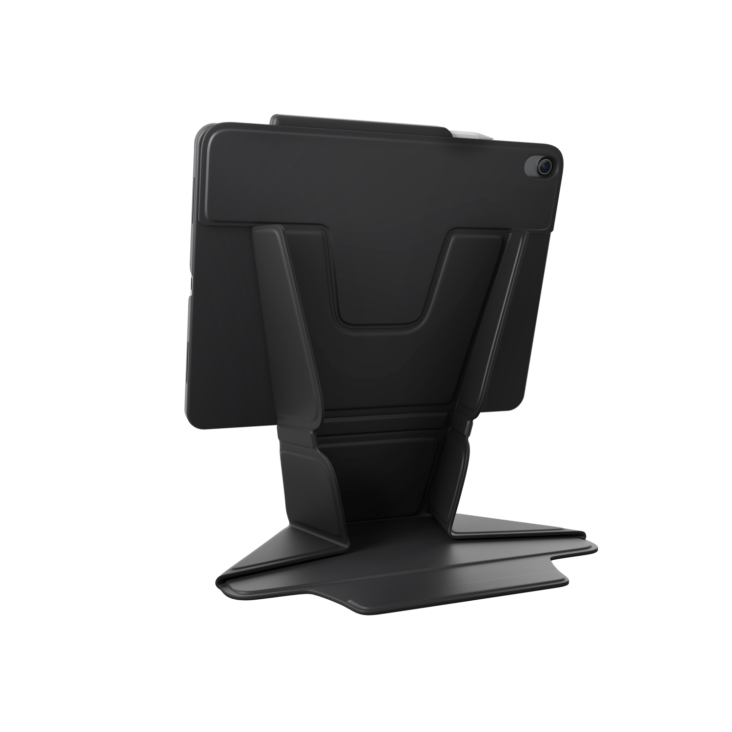 Black tablet in a black stand. The stand is angled, with a cutout.