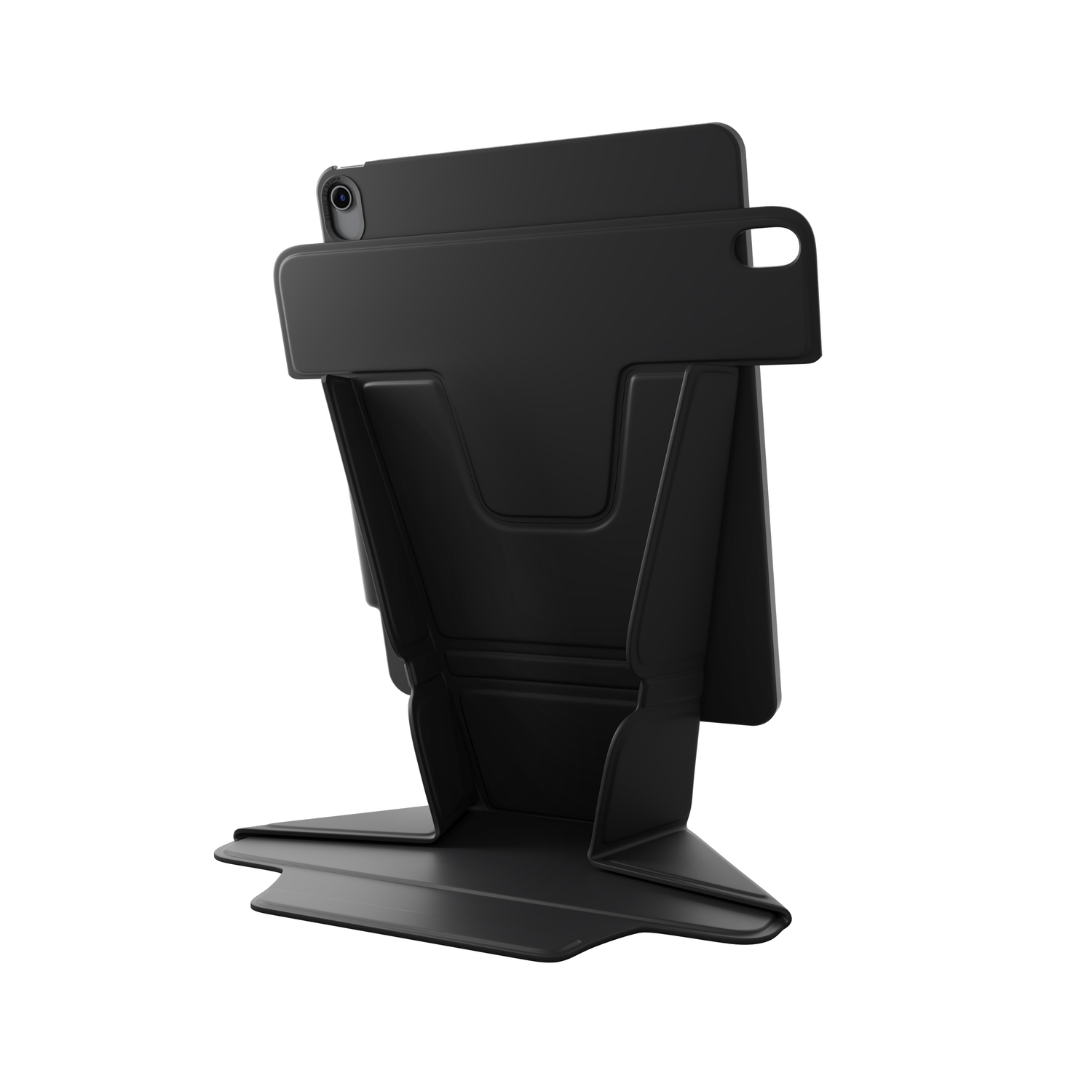 Black tablet stand, angled design, holding a black tablet.