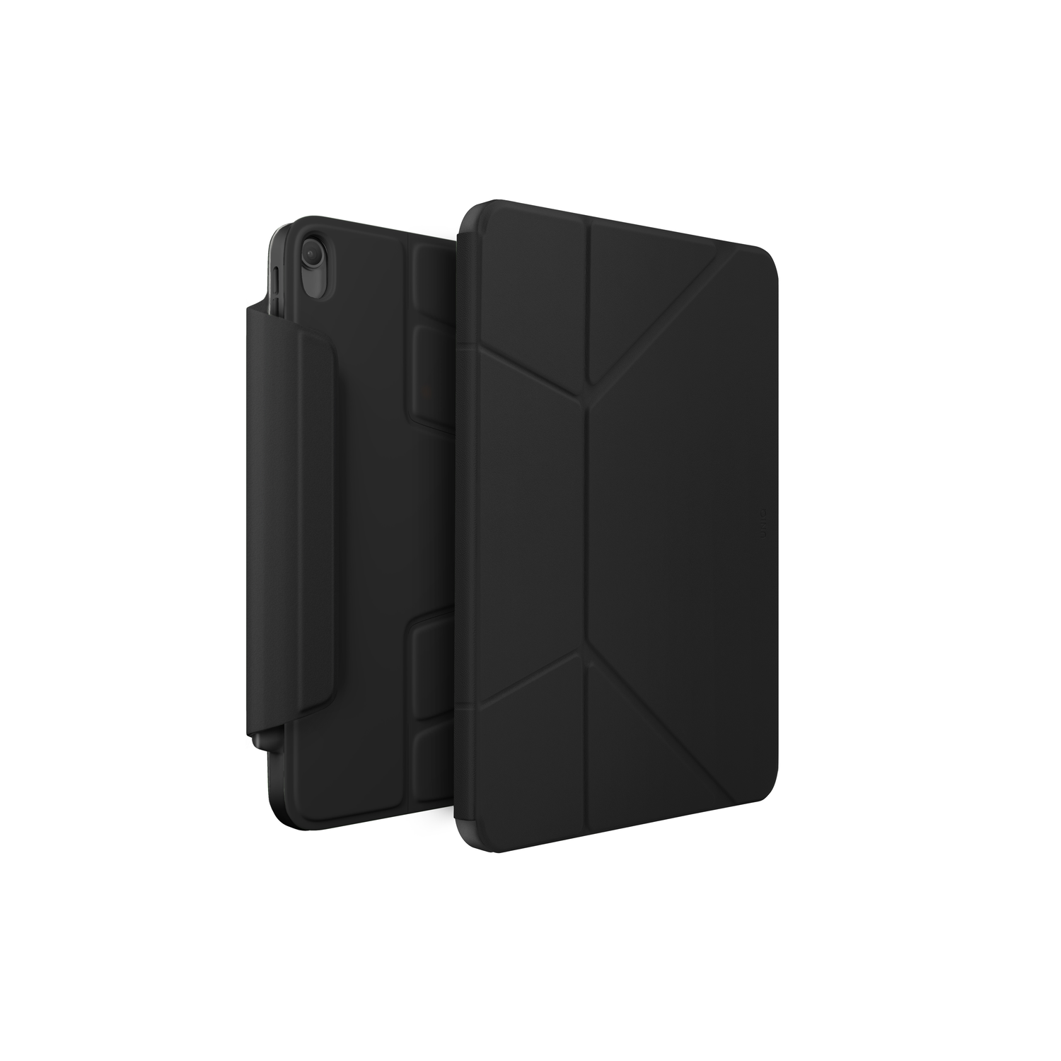 Black tablet case, closed, with geometric design, and open next to it.
